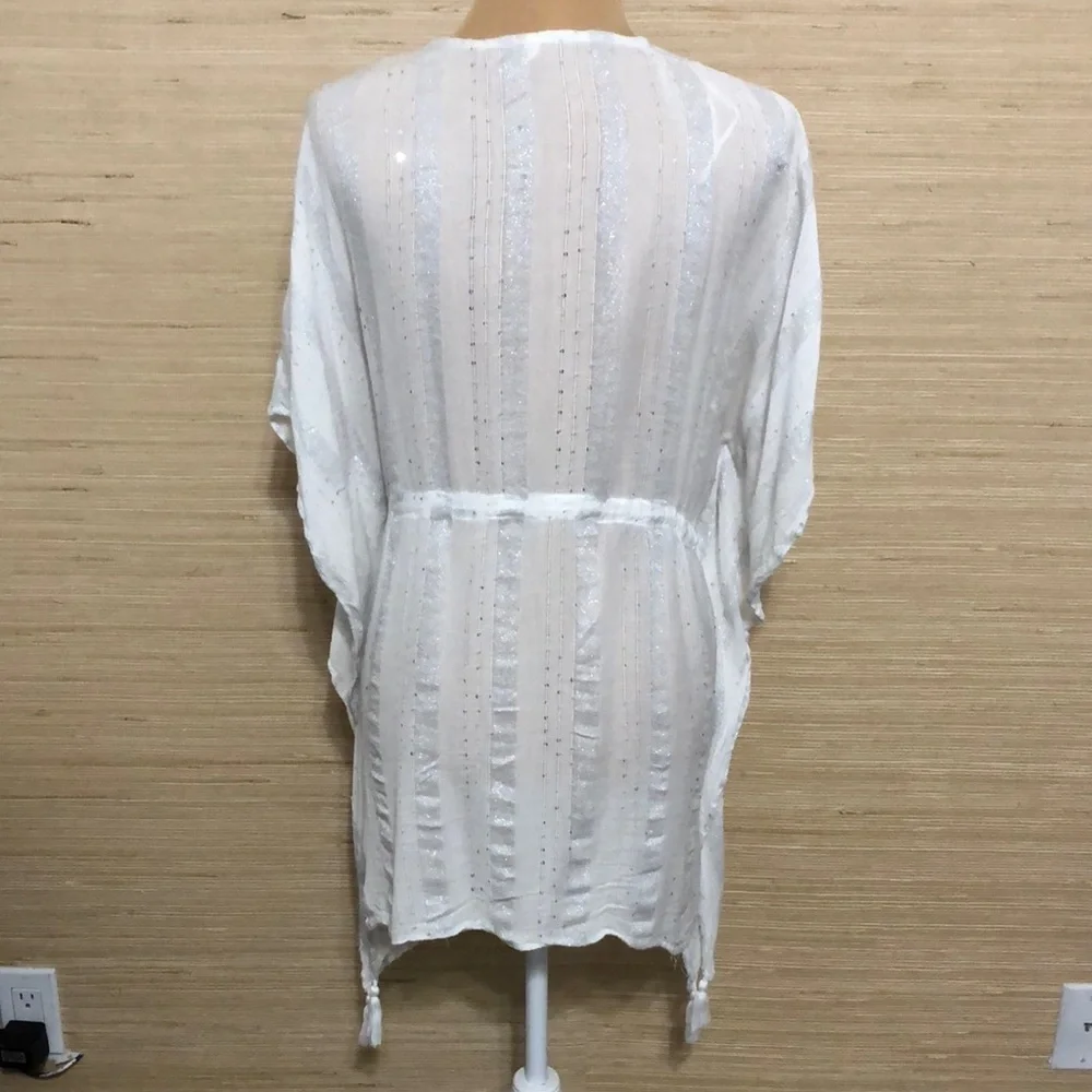 White Women's Swim Drawstring Waist Silver Sequin Tassel Sheer Cover-Up L/XL